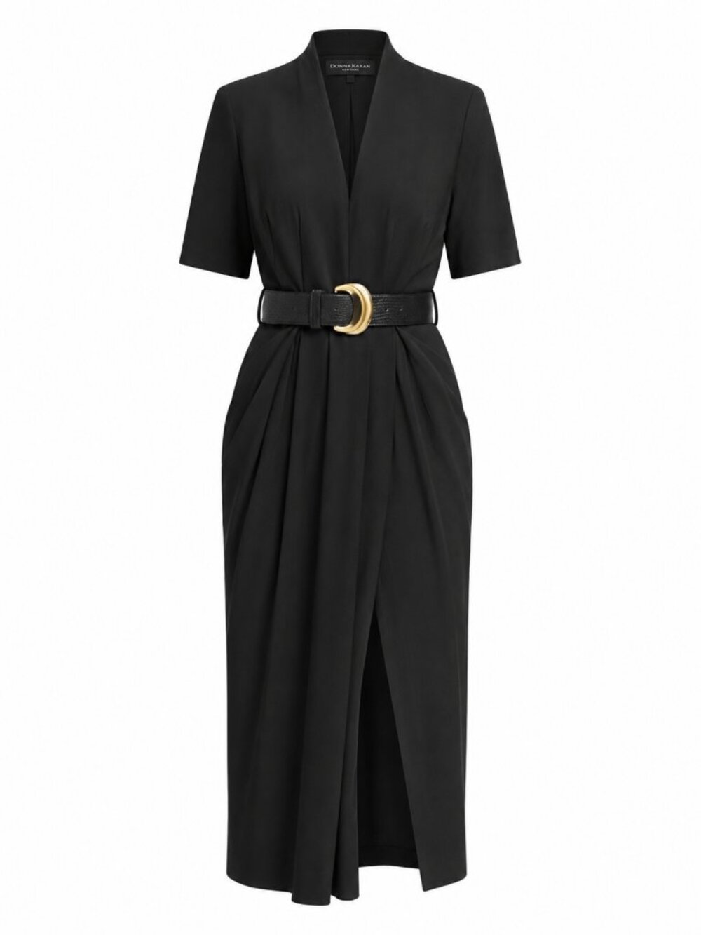 Donna Karan Black V-Neck Belted Short-Sleeve Midi Dress Size 6 NWT - Picture 5 of 6